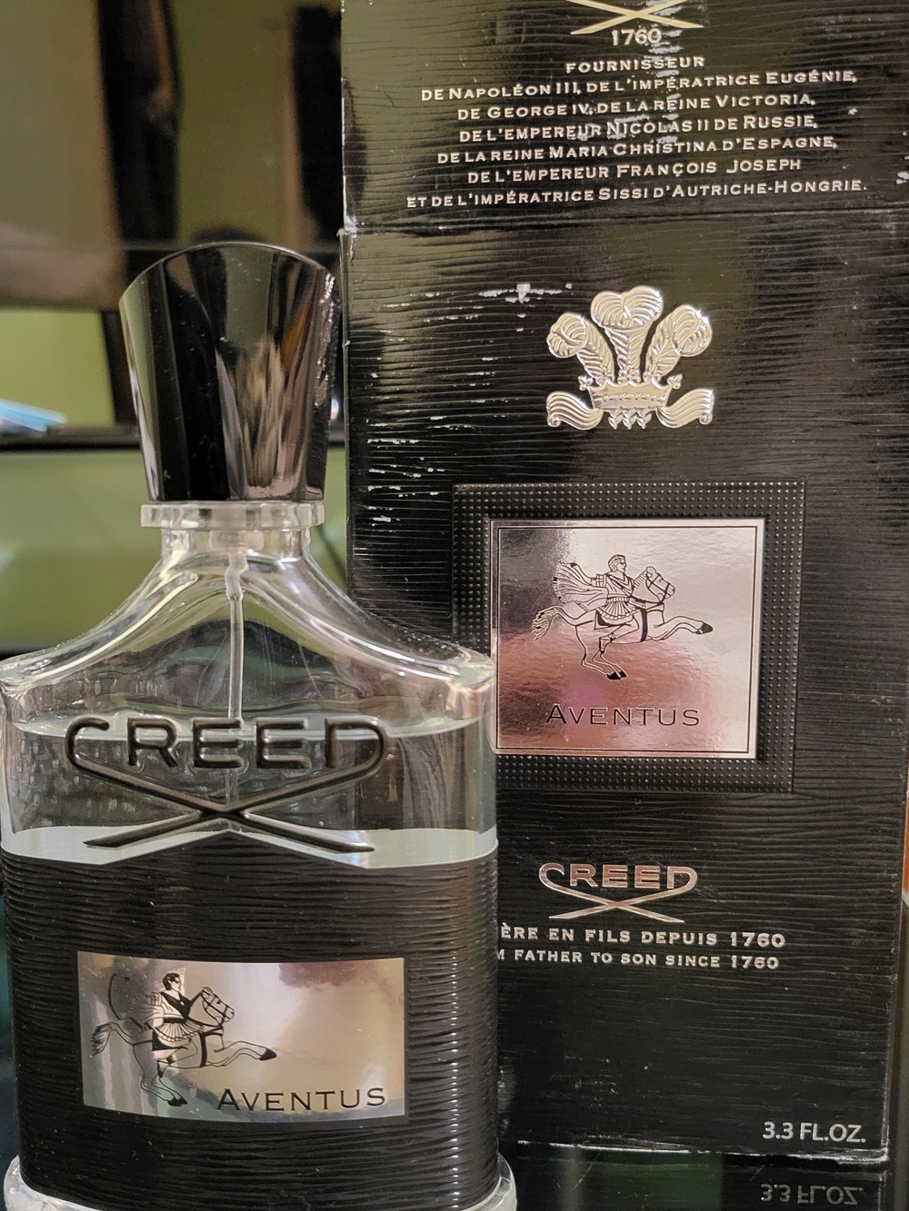 Creed Aventus Box with Black and Silver Embossed Crest